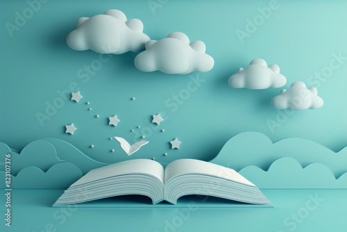 A book is opened on a blue background with a few clouds and stars.