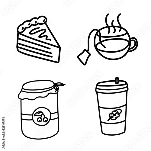 Hand-Drawn Food and Drink Doodles Featuring Coffee, Tea, Jam, and Slice of Pie