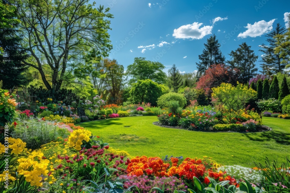 Sunlit Garden with Blooming Flowers Sunlit Garden with Blooming Flowers