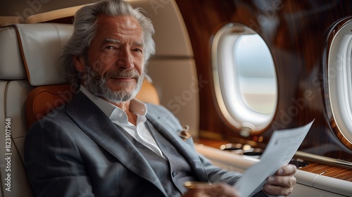 A photo of senior businessman flying on private jet, holding some important papers photo