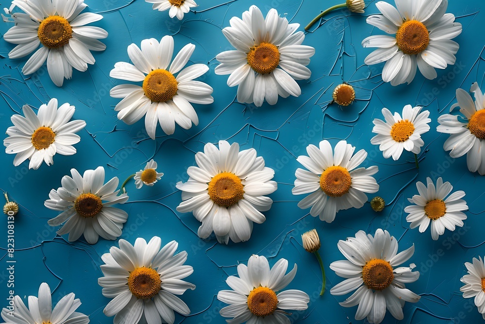 Many white flowers on a blue surface Many white flowers on a blue surface