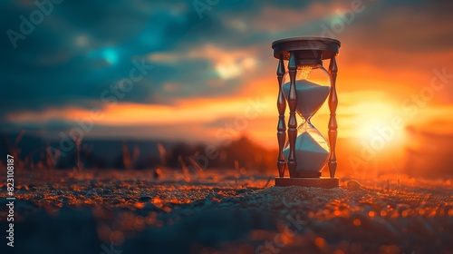 An hourglass measuring time against the backdrop of a sunset, illustrating the fluidity of time in the universe through the interplay of light and shadow.