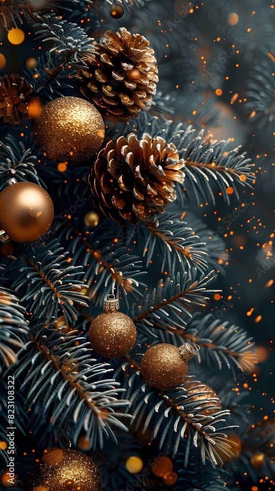 A close up of a pine tree adorned with golden baubles and cones A close up of a pine tree adorned with golden baubles and cones