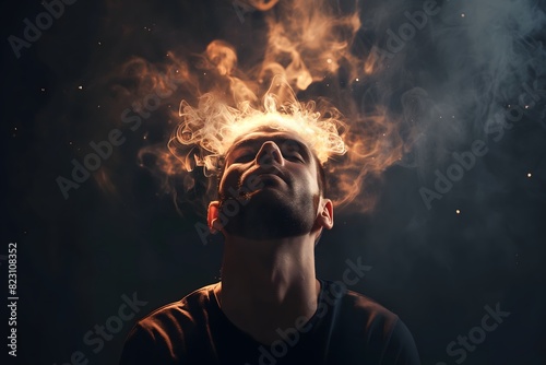 Man with fiery smoke emerging from his forehead against a dark background