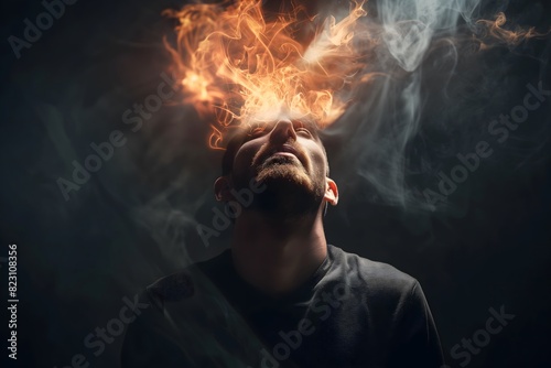 Man with fiery smoke emerging from his forehead against a dark background