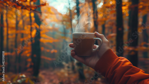 A cozy image featuring a hand holding a steaming cup of coffee, set against the vibrant backdrop of an autumn forest. The photo invokes warm feelings associated with sipping hot drinks on cool fall d