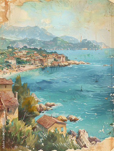 Vintage postcard with a hand-painted watercolor effect, depicting a seaside town