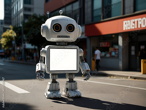 A robot with a white screen on a street