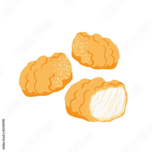 Crispy chicken nuggets or strips in batter. Breaded deep fried pieces of meat. Tasty tempura snack. Delicious fast food, meal of fastfood menu. Flat isolated vector illustration on white background