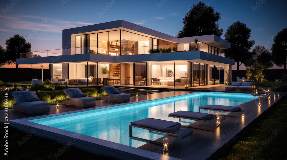Luxurious Evening Ambiance at Modern Poolside Villa Luxurious Evening Ambiance at Modern Poolside Villa