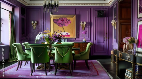 A dining room with purple walls  green chairs and table  wall art