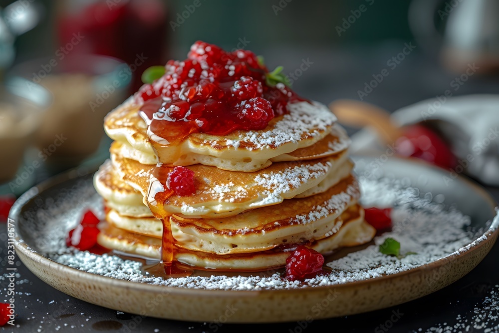 Delicious pancakes with raspberry sauce and sugar on a plate Delicious pancakes with raspberry sauce and sugar on a plate