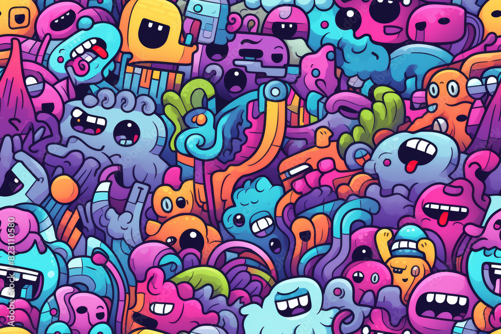 Seamless pattern with cool colors and funny doodles, high-quality and ready for print