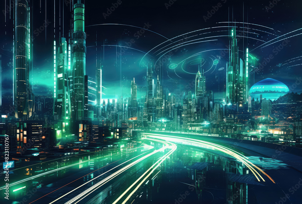 Naklejka premium Futuristic Metropolis with Neon Glow at Night