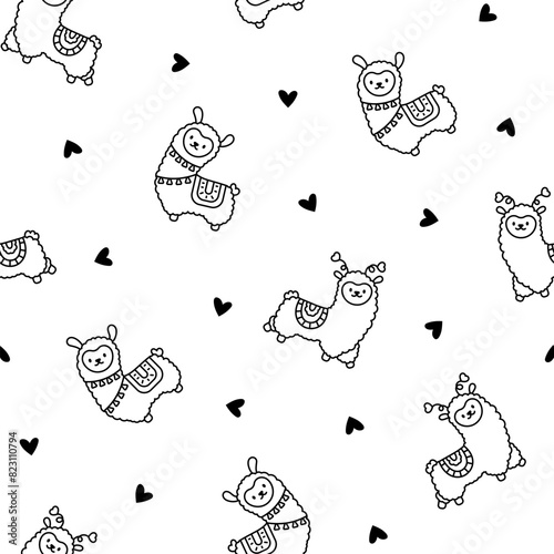 Cute kawaii little llama. Seamless pattern. Coloring Page. Cartoon funny alpaca, animals character. Hand drawn style. Vector drawing. Design ornaments.