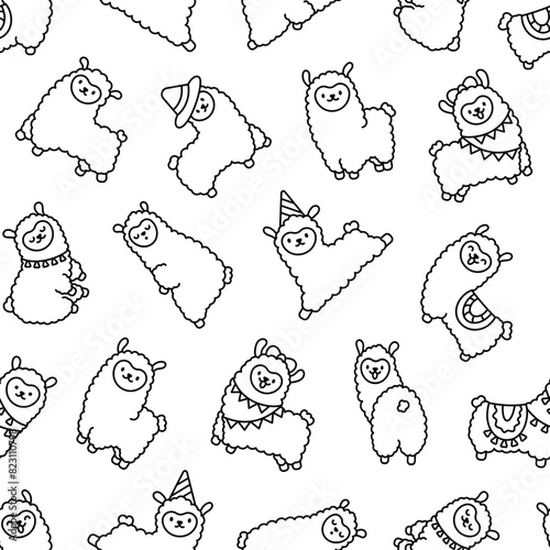 Cute kawaii little llama. Seamless pattern. Coloring Page. Cartoon funny alpaca, animals character. Hand drawn style. Vector drawing. Design ornaments.