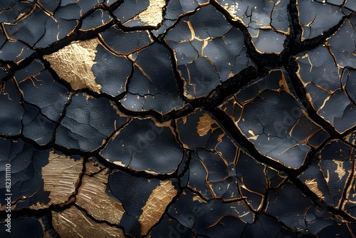 A close up of a cracked surface with gold paint