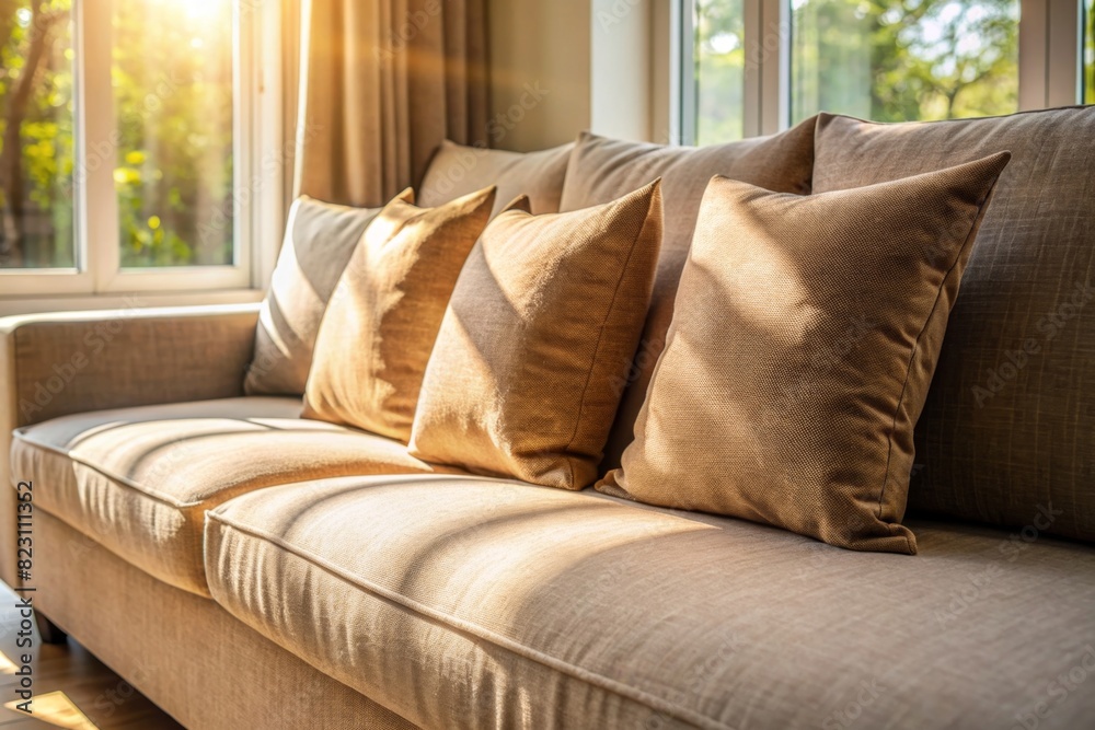 Closeup of soft comfortable beige sofa bed with brown linen cushion. Morning sunlight shining in showing beautiful window frame shadow. Background