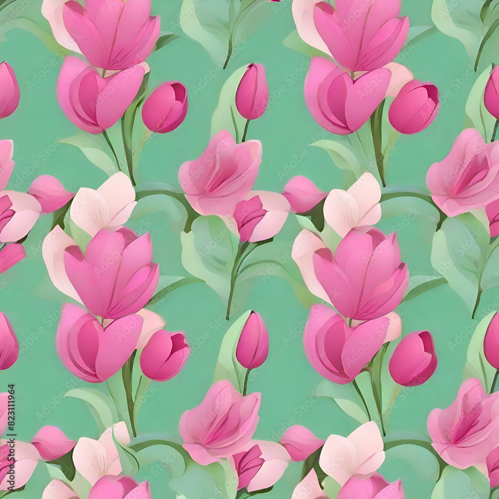 floral pattern with pink tulips. Cartoon style floral pattern with pink tulips. Cartoon style