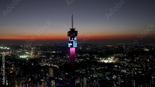 Hillbrow Tower At Johannesburg In Gauteng South Africa. Sunset City Landscape. Illuminated Tower. Johannesburg At Gauteng South Africa. Landmark Buildings. Colorful Sunset Skyline. photo