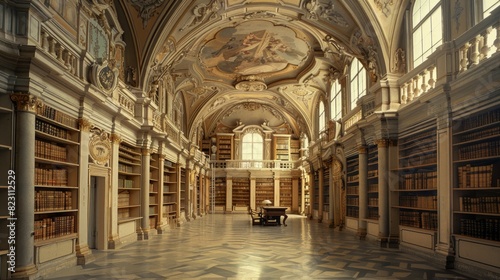 An ancient library filled with towering bookshelves  leather-bound volumes