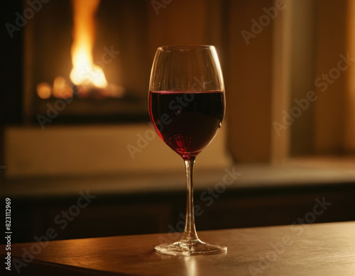 Un bicchiere di vino rosso su una mensola di legno, tra bottiglie e libri antichi. 
