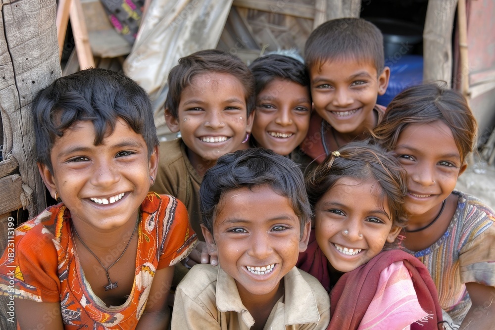 Group of smiling indian kids in front of a wooden house. Group of smiling indian kids in front of a wooden house.