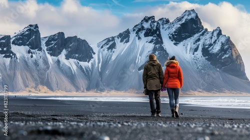 Iceland's black beach offers incredible views of the mountains photo