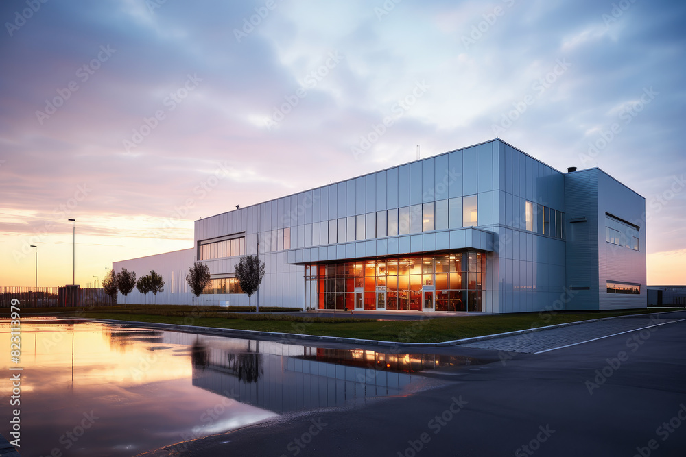 Contemporary Industrial Building at Sunset