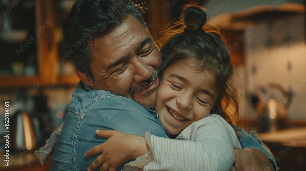 Children, father and daughter hold hands in the kitchen for love, trust or bonding in their home. Family, smile and safety with a happy man embracing his adorable girl child.