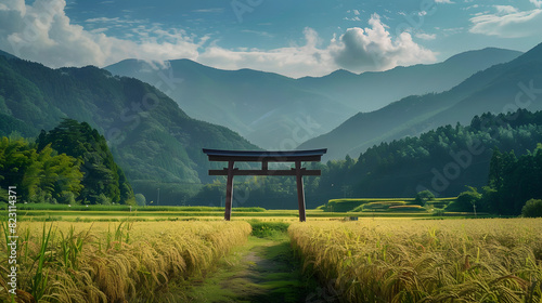 View of field and arch, Kumano Kodo Pilgrimage Route, Japan photo