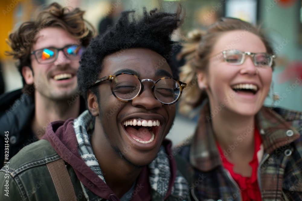 Portrait of happy group of friends laughing and having fun in the city