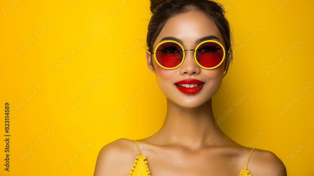 A woman wearing sunglasses with an asian emotion smiling and wearing a yellow fashion portrait goggles A woman wearing sunglasses with an asian emotion smiling and wearing a yellow fashion portrait goggles