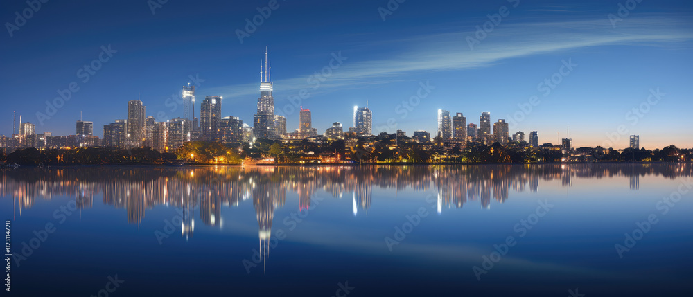 Fototapeta premium Serene Twilight Cityscape Reflection Panorama