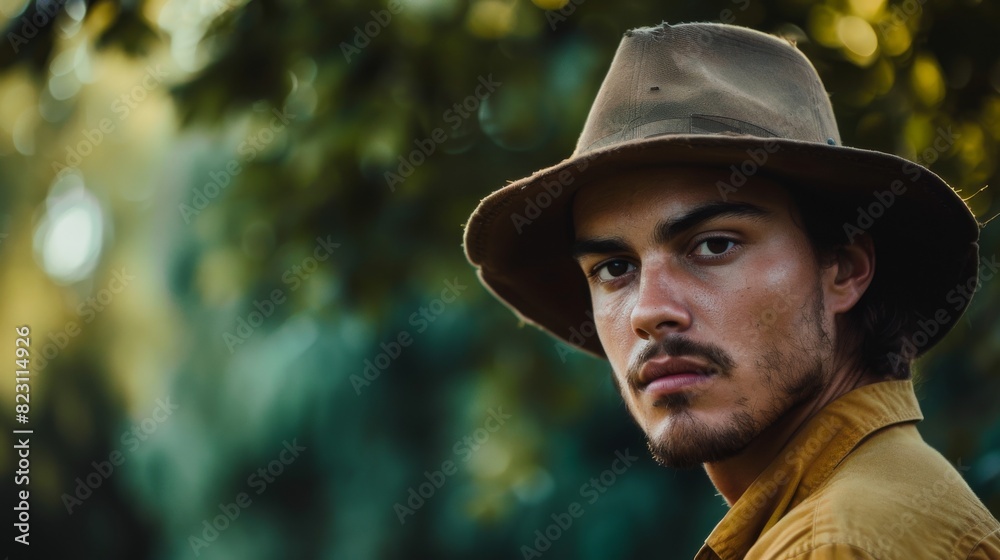 A young man wearing an adult style hat against an adult background