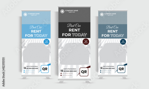 Modern and futuristic car advertisement roll up banner vector design template.  