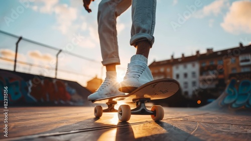 Skateboarder training in a skate park with close-ups of his legs and skateboard. Concept of skateboarding as sport and lifestyle.