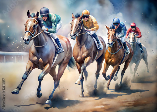 Racehorse. Galloping race horses in racing competition. Watercolor. Jockeys on racing horses. Sport. Champion. Hippodrome. Equestrian. Derby. Speed