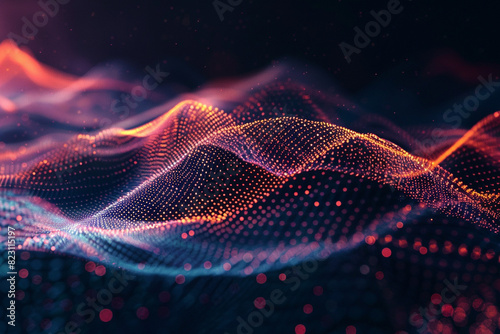 Wave of musical sounds. Abstract background with interweaving of dots and lines. 3D rendering