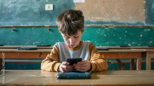 A child, a student, is engaging in bad behavior at school when playing a video game on the phone during a lesson, tucking the phone under the desk, distracting him from studying, and he is distracted photo