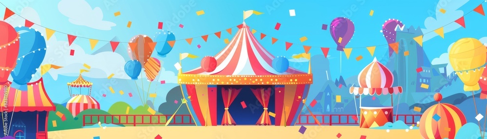 A circus tent with red and white stripes and a yellow roof A circus tent with red and white stripes and a yellow roof