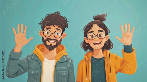 Happy positive people. Man and woman team gesturing with hands, fingers. Love, support, solidarity, ok expressions. Flat graphic vector illustration isolated on white background