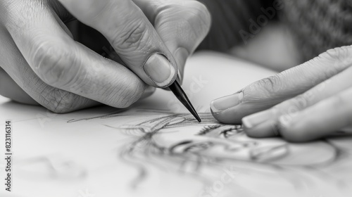 Artist's hand pencil sketching a sketch at home.
