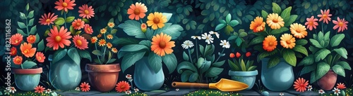 A garden scene with colorful flowers in pots, gardening tools like trowels and yellow gloves on the ground at sunny spring day.