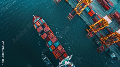 An aerial view of a bustling port with container ships being loaded and unloaded by cranes