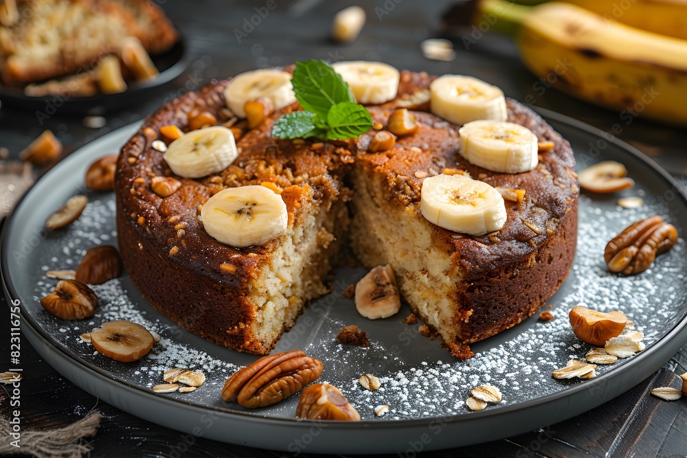 A cake with bananas and pecans on a plate A cake with bananas and pecans on a plate