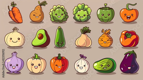 A set of funny cartoon vegetables. Smiling pumpkin  carrot  eggplant  bell pepper  tomato  avocado  artichoke  cabbage  fennel  onion  garlic  cucumber  peas  and potato.