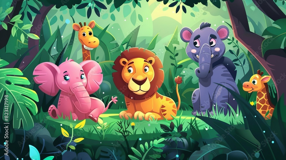 The jungle is full of African animals. Cute cartoons of animals. The jungle is full of African animals. Cute cartoons of animals.