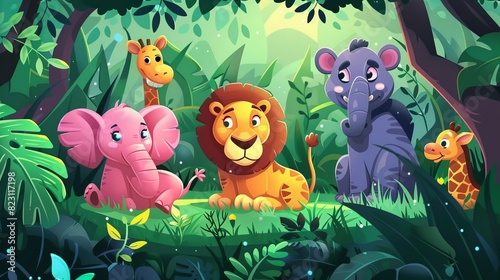 The jungle is full of African animals. Cute cartoons of animals.