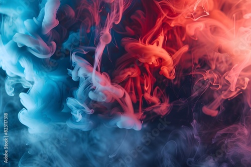 A close up of a red and blue smoke in the air